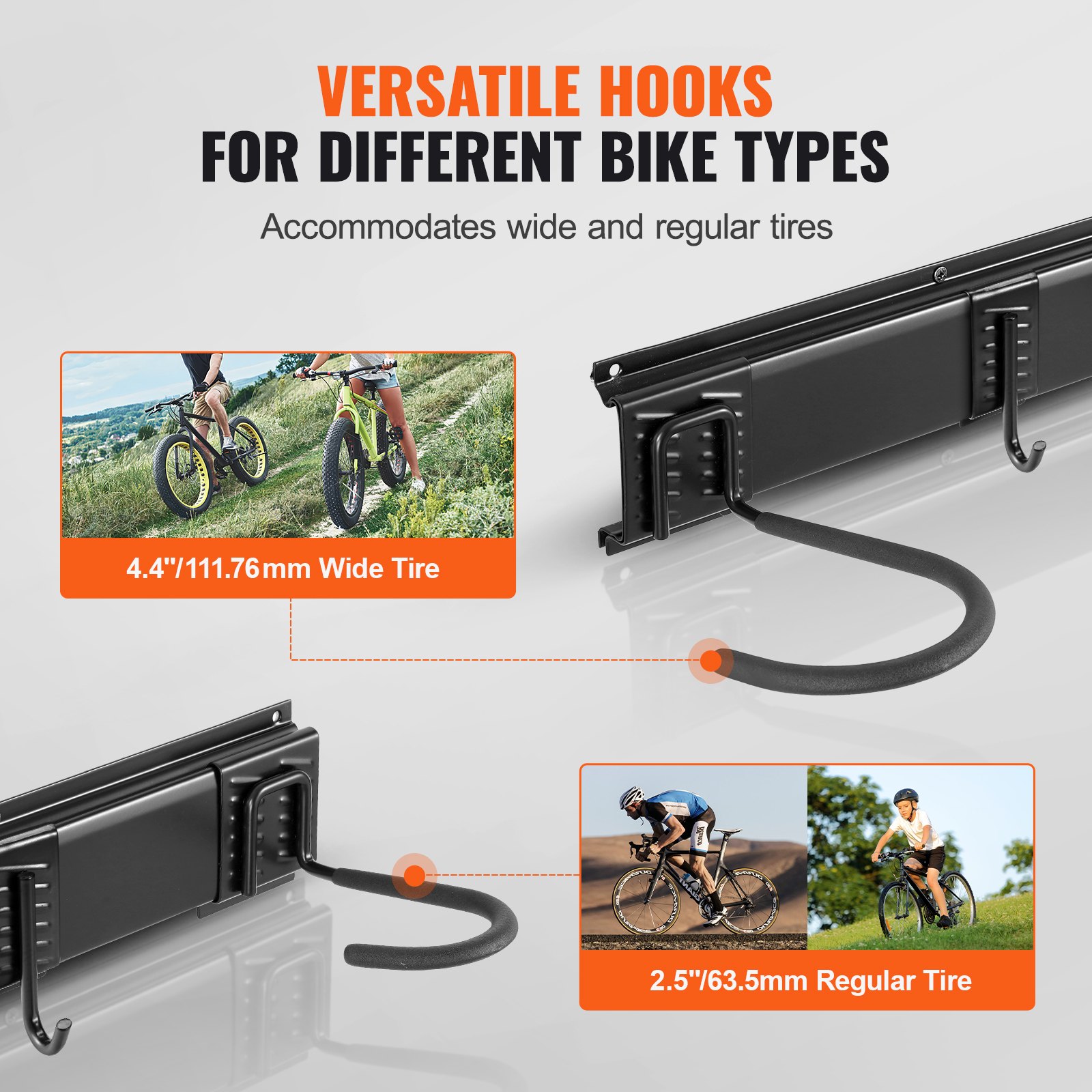 VEVOR bike storage rack with versatile hooks for wide and regular tires, including 4.4&quot; and 2.5&quot; tire types.