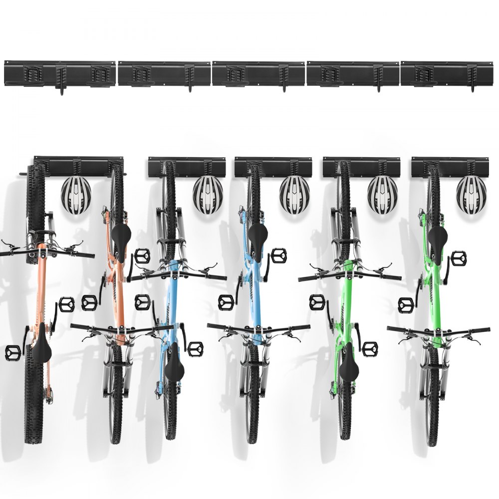 VEVOR bike storage rack holding six colorful mountain bikes vertically.