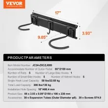 VEVOR Bike Storage Rack, 6 Bike Racks and 5 Helmets Hooks, Wall Mount Bike Storage Hanger, Home & Garage Organizer, Customizable for Various Bike Sizes, Adjustable Holder, Holds Up to 300 lbs, 85-inch
