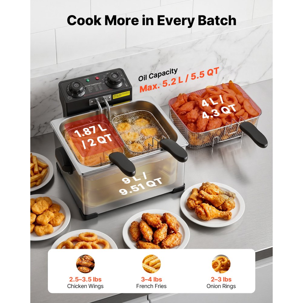 VEVOR Commercial Electric Deep Fryer, 5.2 L Oil Capacity, 2500W Stainless Steel Countertop Fryer with Large & Small Baskets, Overheat Protection, Temp Control, Timer, for Home Restaurant Use, Silver