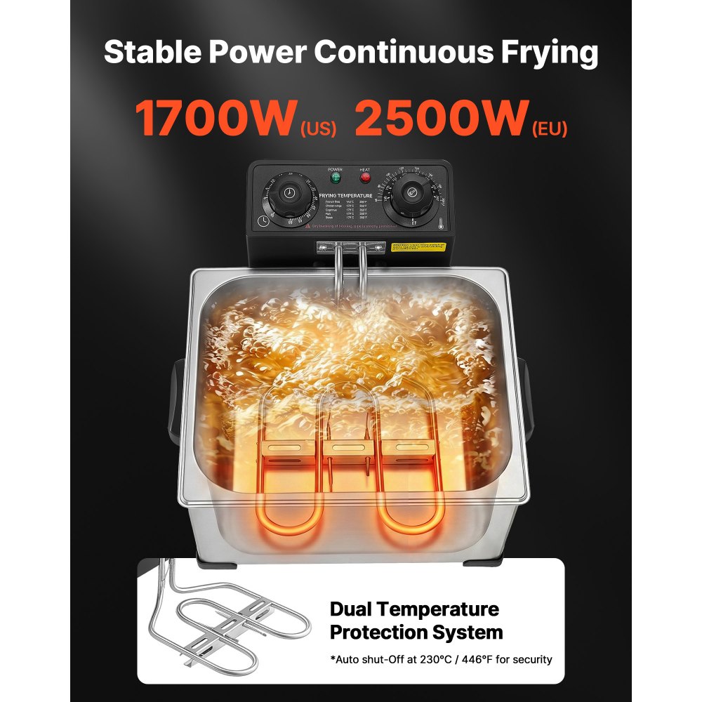 VEVOR Commercial Electric Deep Fryer, 5.2 L Oil Capacity, 2500W Stainless Steel Countertop Fryer with Large & Small Baskets, Overheat Protection, Temp Control, Timer, for Home Restaurant Use, Silver