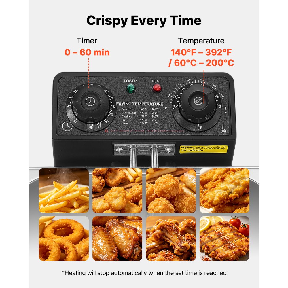 VEVOR Commercial Electric Deep Fryer, 5.2 L Oil Capacity, 2500W Stainless Steel Countertop Fryer with Large & Small Baskets, Overheat Protection, Temp Control, Timer, for Home Restaurant Use, Silver