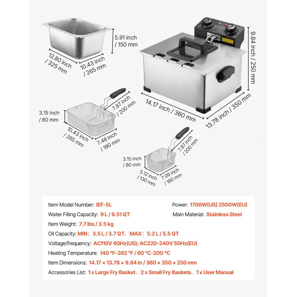 VEVOR Commercial Electric Deep Fryer, 5.2 L Oil Capacity, 2500W Stainless Steel Countertop Fryer with Large & Small Baskets, Overheat Protection, Temp Control, Timer, for Home Restaurant Use, Silver