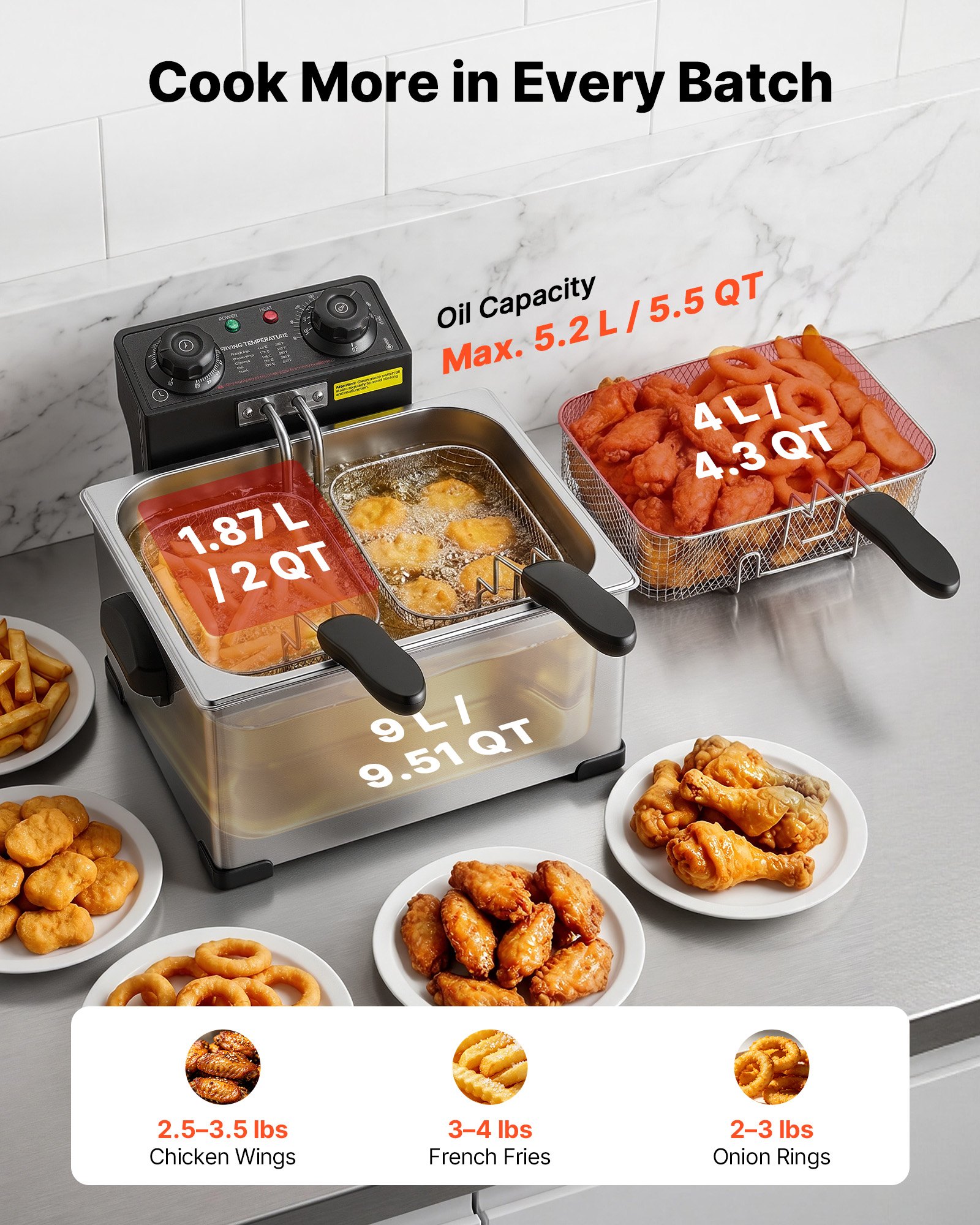 VEVOR Commercial Electric Deep Fryer, 5.2 L Oil Capacity, 2500W Stainless Steel Countertop Fryer with Large & Small Baskets, Overheat Protection, Temp Control, Timer, for Home Restaurant Use, Silver