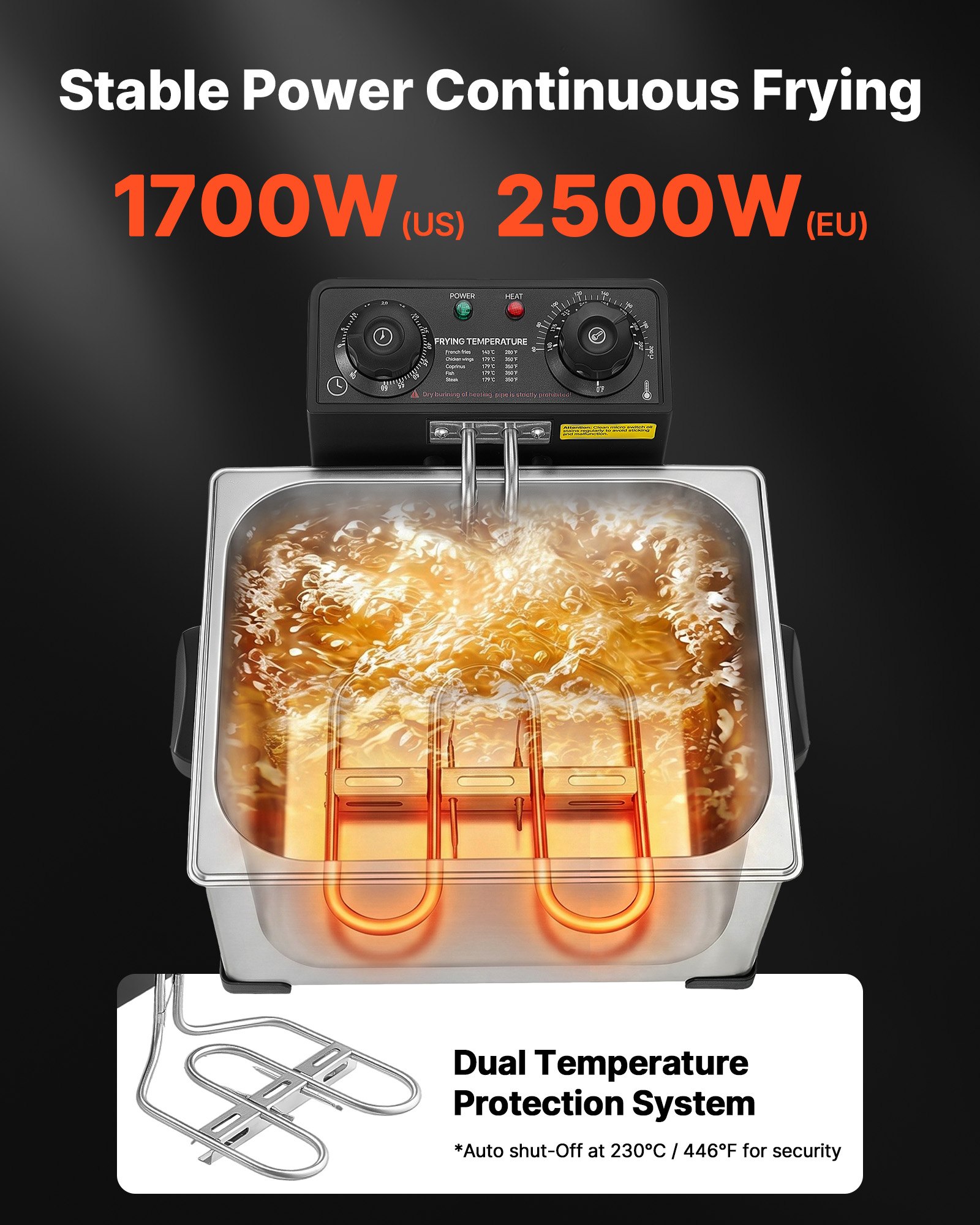 VEVOR Commercial Electric Deep Fryer, 5.2 L Oil Capacity, 2500W Stainless Steel Countertop Fryer with Large & Small Baskets, Overheat Protection, Temp Control, Timer, for Home Restaurant Use, Silver
