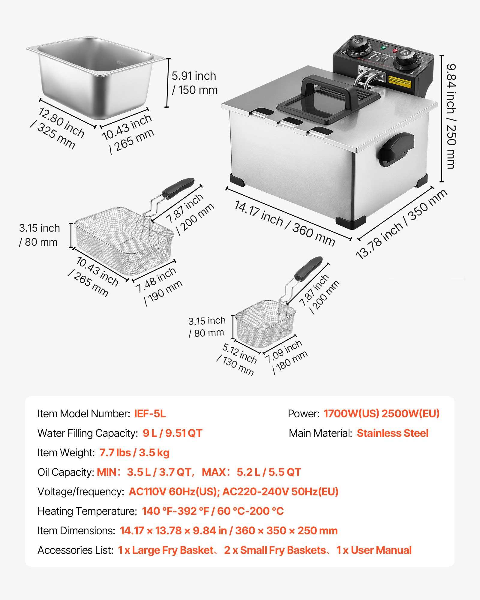 VEVOR Commercial Electric Deep Fryer, 5.2 L Oil Capacity, 2500W Stainless Steel Countertop Fryer with Large & Small Baskets, Overheat Protection, Temp Control, Timer, for Home Restaurant Use, Silver