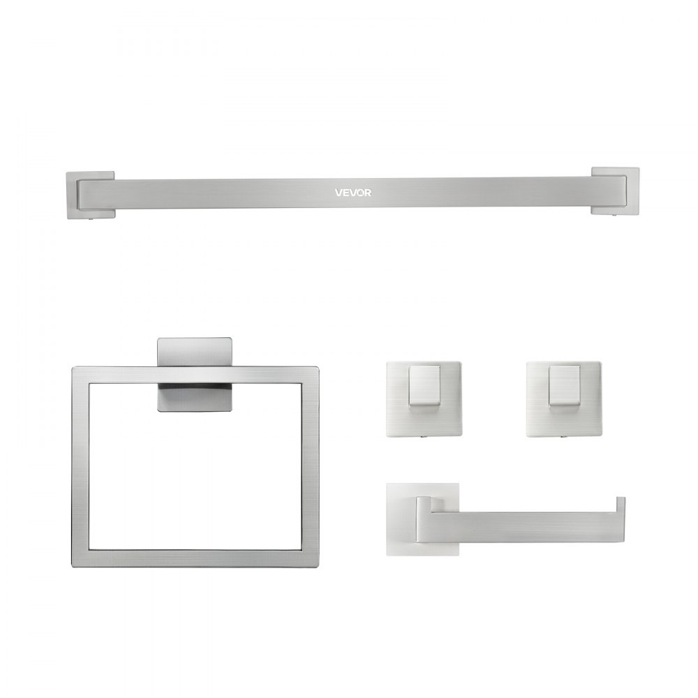 VEVOR Brushed Nickel Bathroom Hardware Set, 5 Pieces Bathroom Accessories Set, Stainless Steel 24 inch Towel Bar, Towel Rack, 2 Robe Towel Hooks, Toilet Paper Holder for Bath Room, Wall Mounted