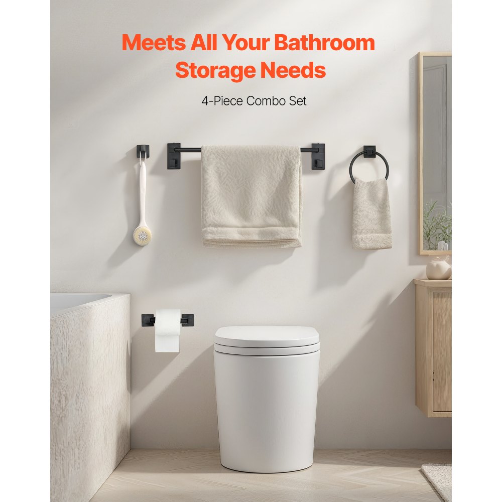 VEVOR Matte Black Bathroom Hardware Set, 4 Pieces Stainless Steel Bathroom Accessories Set, 24-inch Towel Bar, Towel Ring, Robe Towel Hook, Toilet Paper Holder, for Bath Room, Wall Mounted
