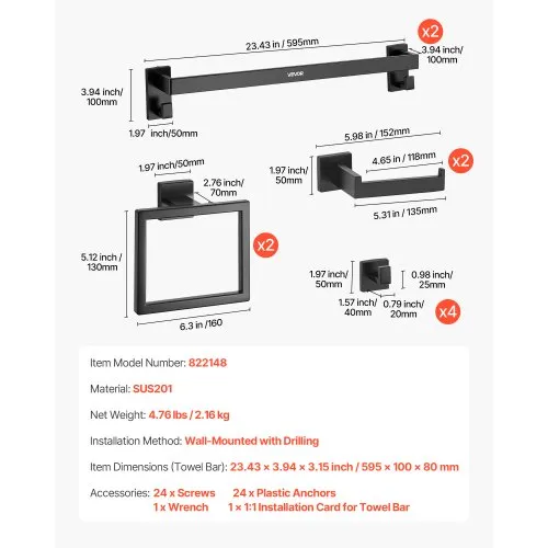 PHANCIR 7 Pcs Hardware Set for Bathroom, Stainless Steel Accessories, Includes 24 Towel Bar, Toilet Paper Holder, Towel Ring, Robe Hooks, Wall
