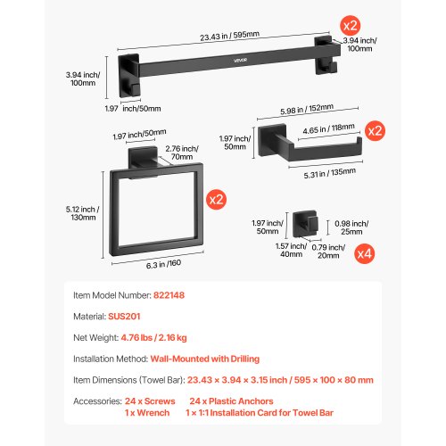 PHANCIR 7 Pcs Hardware Set for Bathroom, Stainless Steel Accessories, Includes 24 Towel Bar, Toilet Paper Holder, Towel Ring, Robe Hooks, Wall PHANCIR 7 Pcs Hardware Set for Bathroom, Stainless Steel Accessories, Includes 24 Towel Bar, Toilet Paper Holder, Towel Ring, Robe Hooks, Wall