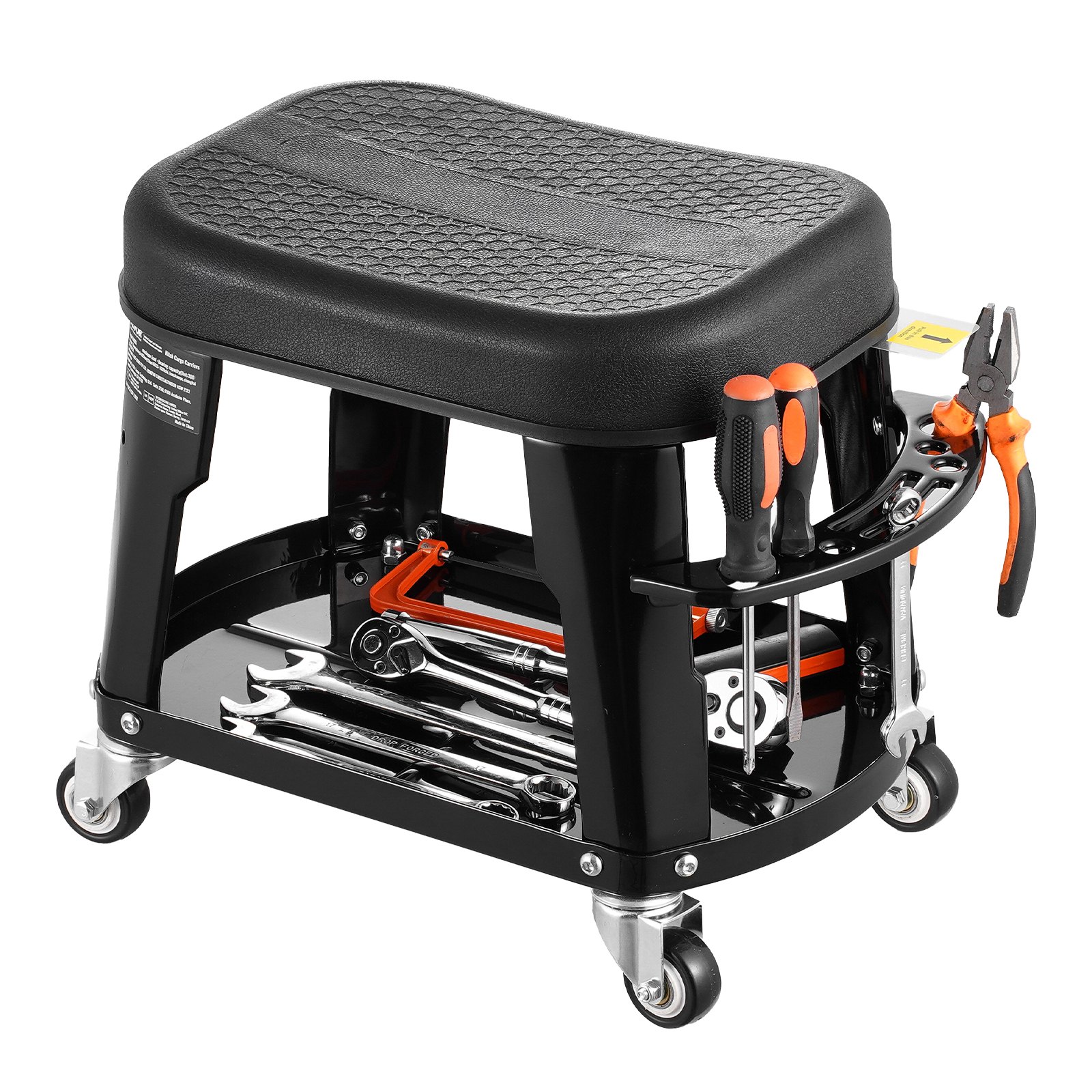 VEVOR Mechanic Stool, 300 lbs Capacity Garage Seat/Work Stool with Wheels, 360° Swivel Rolling Workshop Stool with Tool Tray and Screwdriver Rack, Heavy-Duty, for Garage, Shop & Auto Repair, Black