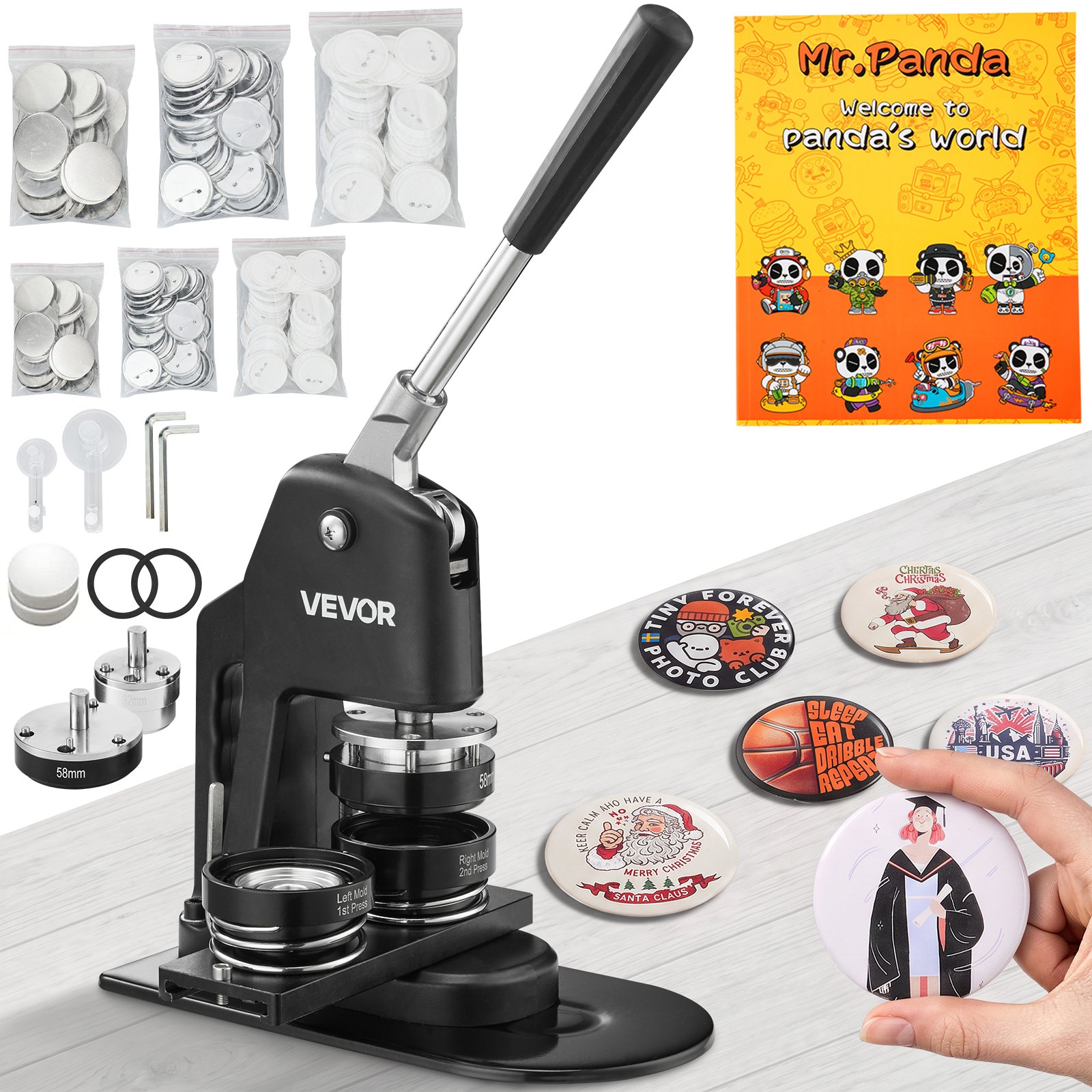VEVOR Button Maker Machine, Multiple Sizes 1.25+2.25 Inch Badge Punch Press Kit, Children DIY Gifts Pin Maker, Button Making Supplies with 500pcs Button Parts & Circle Cutter & Magic Book