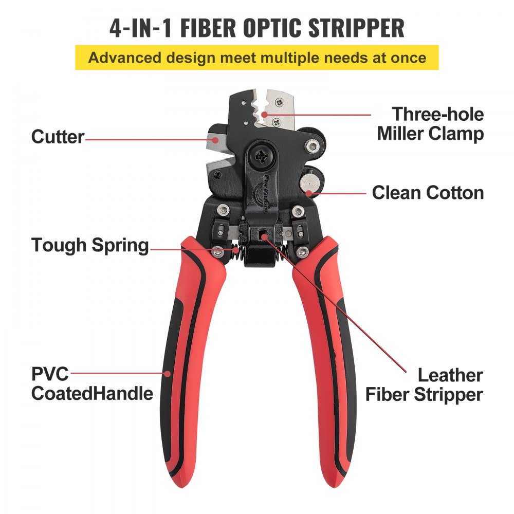 VEVOR Fiber Optic Stripper, 4 in 1 Wire Cutters Pliers, Three Hole Fiber Stripping Plier w/Wire Cutter for Stripping, Cutting and Cleaning, Applied in Electrical Work and Maintenance
