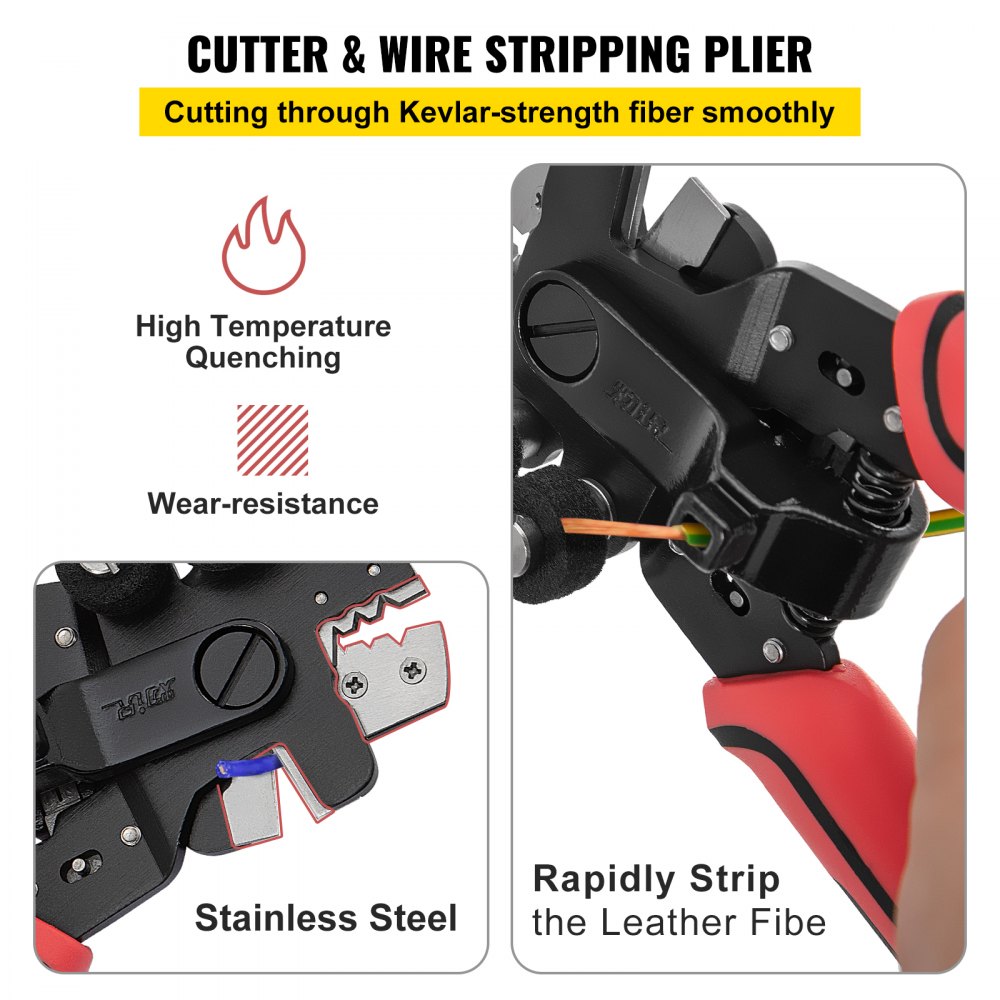 VEVOR Fiber Optic Stripper, 4 in 1 Wire Cutters Pliers, Three Hole Fiber Stripping Plier w/Wire Cutter for Stripping, Cutting and Cleaning, Applied in Electrical Work and Maintenance