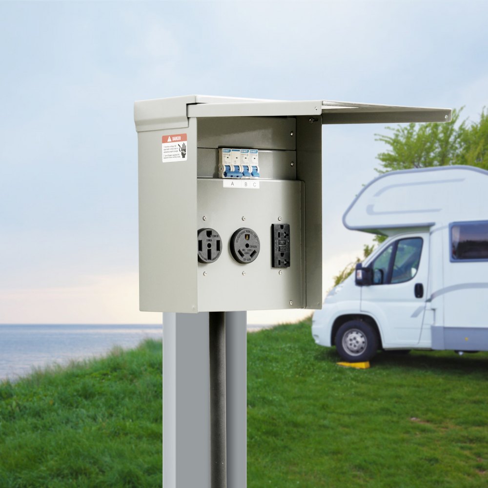 VEVOR Temporary Power Outlet Panel, RV Power Outlet Box with a 20/30/50 Amp Receptacle Installed, NEMA 14-50R / NEMA TT-30R / 15A GFCI for RV Camper Trailer Motorhome, UL Listed Outlet