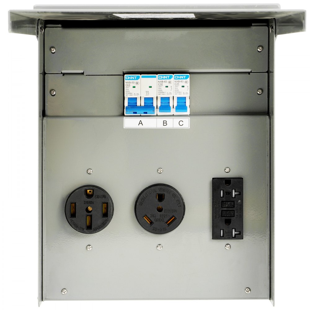 VEVOR Temporary Power Outlet Panel, 125/250V, RV Power Outlet Box with a 20/30/50 Amp Receptacle Installed, NEMA 14-50R / NEMA TT-30R / 15A GFCI for RV Camper Trailer Motorhome