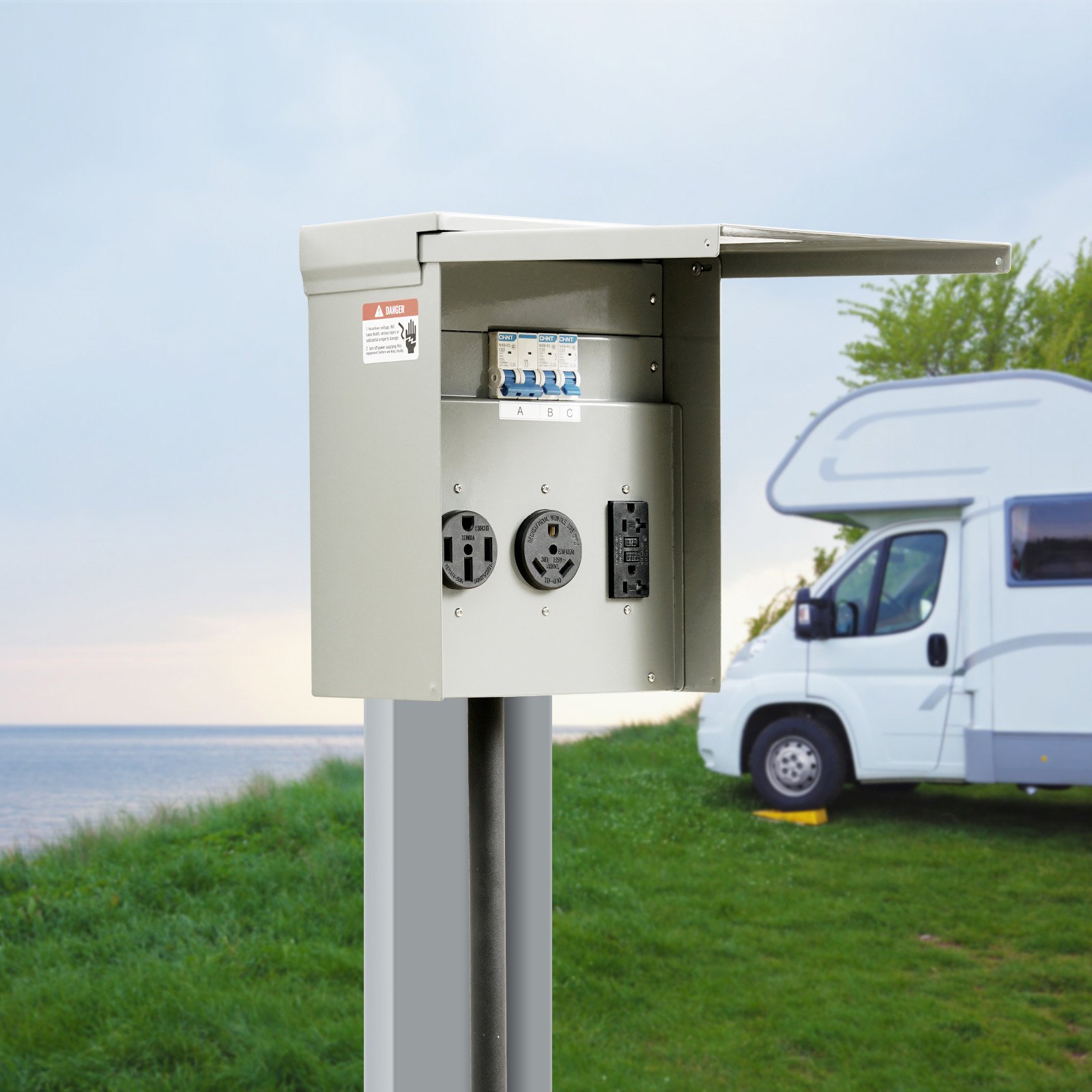 VEVOR Temporary Power Outlet Panel, 125/250V, RV Power Outlet Box with a 20/30/50 Amp Receptacle Installed, NEMA 14-50R / NEMA TT-30R / 15A GFCI for RV Camper Trailer Motorhome