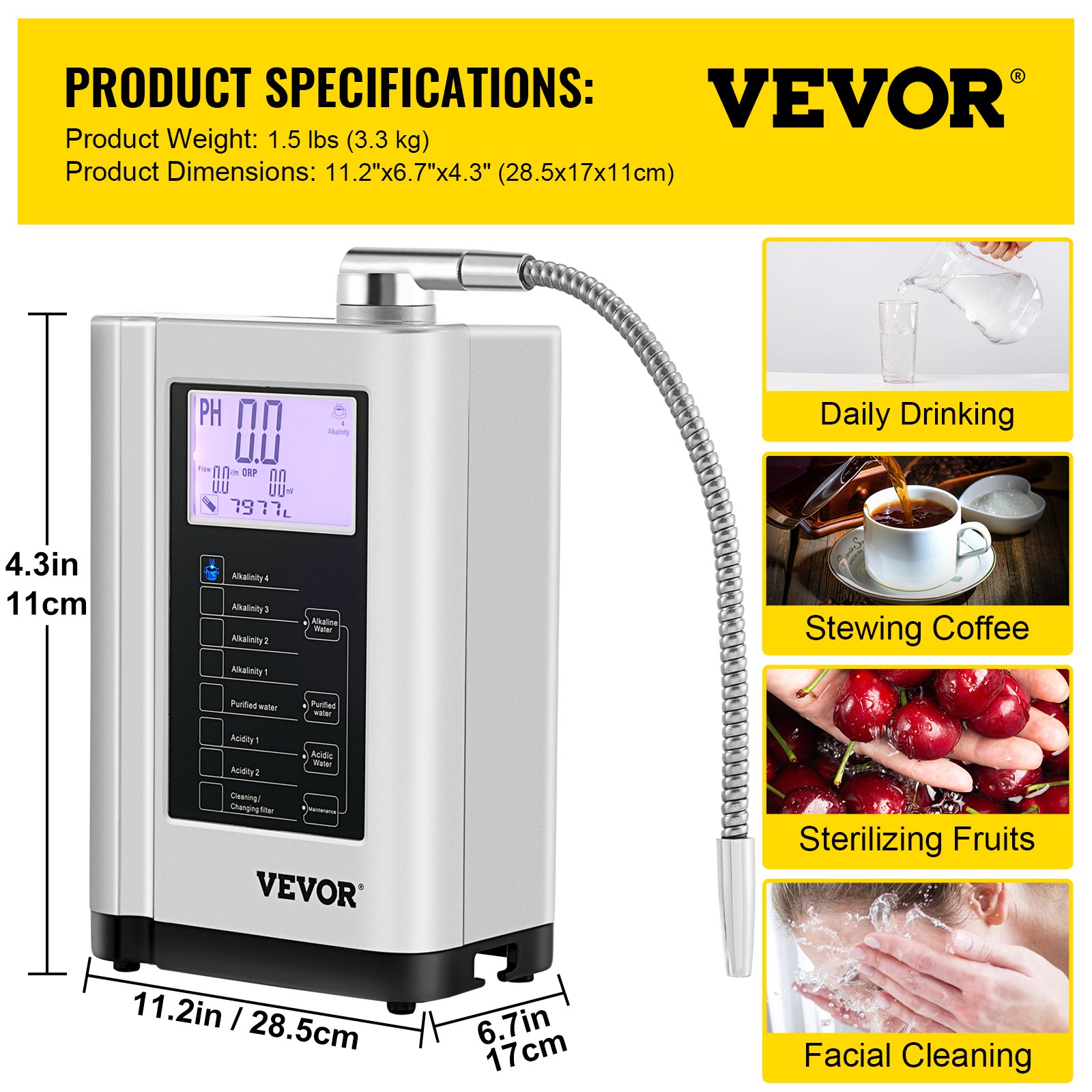 VEVOR Water Ionizer Machine, 7 Water Settings, Alkaline Acid Home Filtration System with 3.8" LCD Touch Panel, pH3.5-10.5 Kangen Water with 6000L Replaceable Filter, up to 1200PPM TDS & -500mV ORP, Si