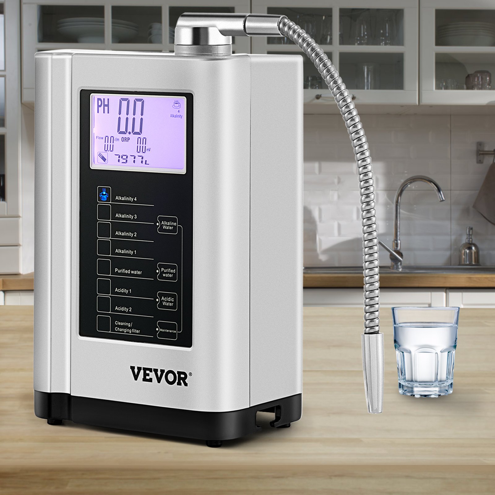 VEVOR Water Ionizer Machine, 7 Water Settings, Alkaline Acid Home Filtration System w/ 3.8" LCD Touch Panel, pH3.5-10.5 Kangen Water w/ 6000L Replaceable Filter, up to 1000PPM TDS & -500mV ORP, Silver
