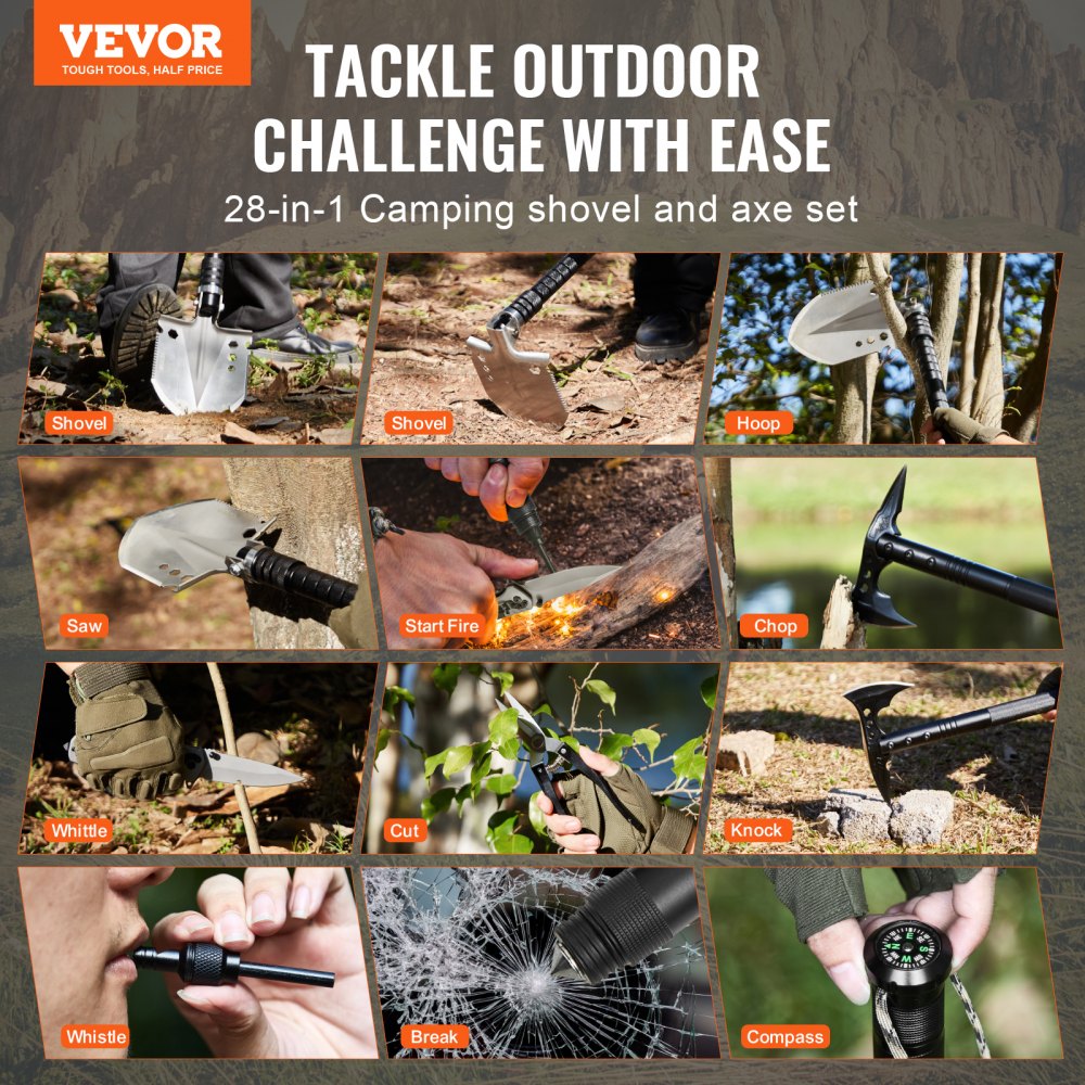 VEVOR Survival Shovel Survival Axe, 28-in-1 Camping Folding Shovels with Hatchet, Stainless Steel Tactical Shovel Hatchet Combo, Multifunctional Emergency Survival Gear Equipment for Camping Hiking