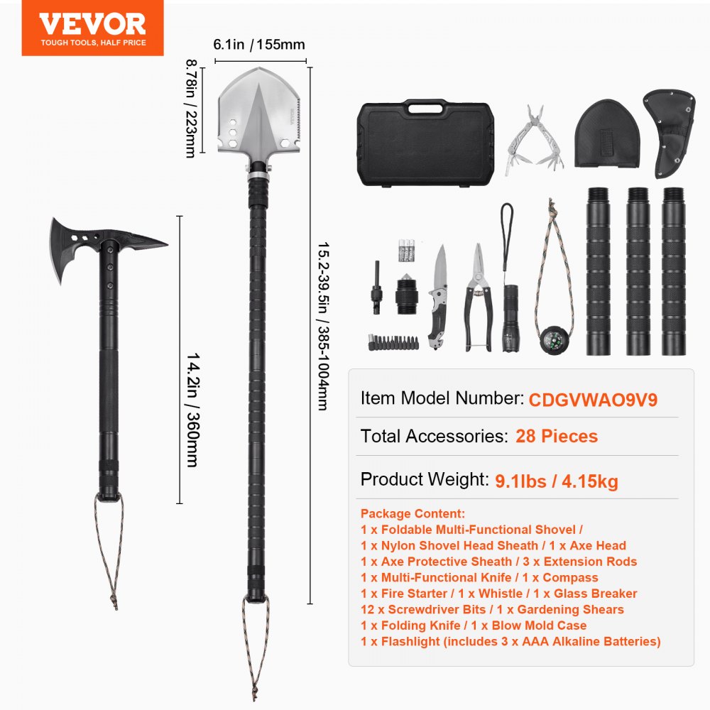 VEVOR Survival Shovel Survival Axe, 28-in-1 Camping Folding Shovels with Hatchet, Stainless Steel Tactical Shovel Hatchet Combo, Multifunctional Emergency Survival Gear Equipment for Camping Hiking