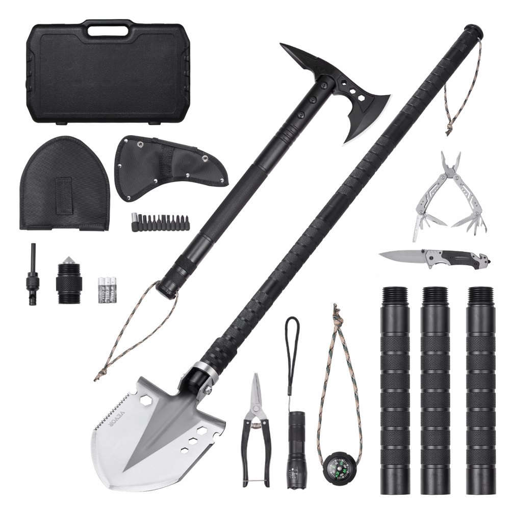 VEVOR Survival Shovel Survival Axe, 28-in-1 Camping Folding Shovels with Hatchet, Stainless Steel Tactical Shovel Hatchet Combo, Multifunctional Emergency Survival Gear Equipment for Camping Hiking