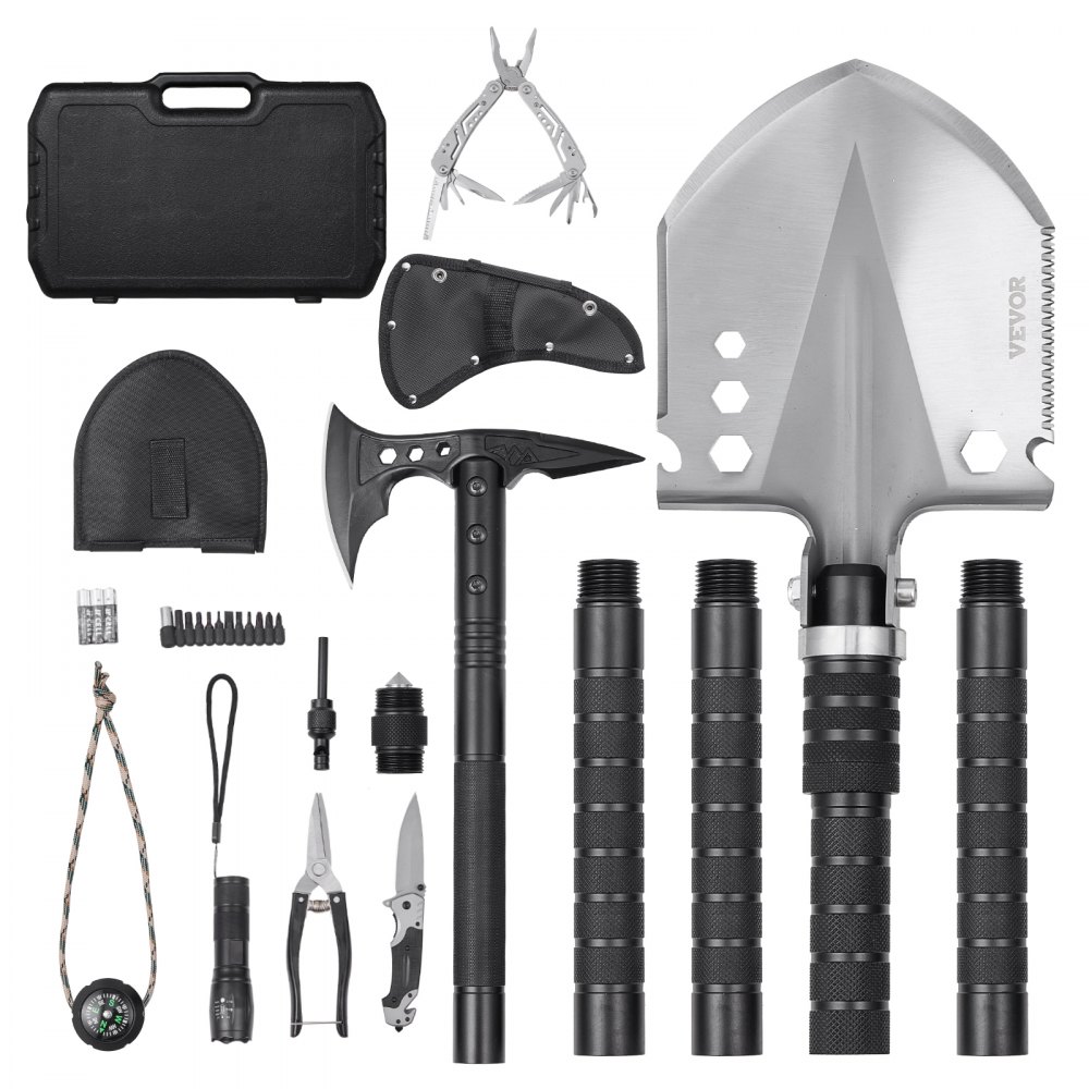 VEVOR Survival Shovel Survival Axe, 28-in-1 Camping Folding Shovels with Hatchet, Stainless Steel Tactical Shovel Hatchet Combo, Multifunctional Emergency Survival Gear Equipment for Camping Hiking