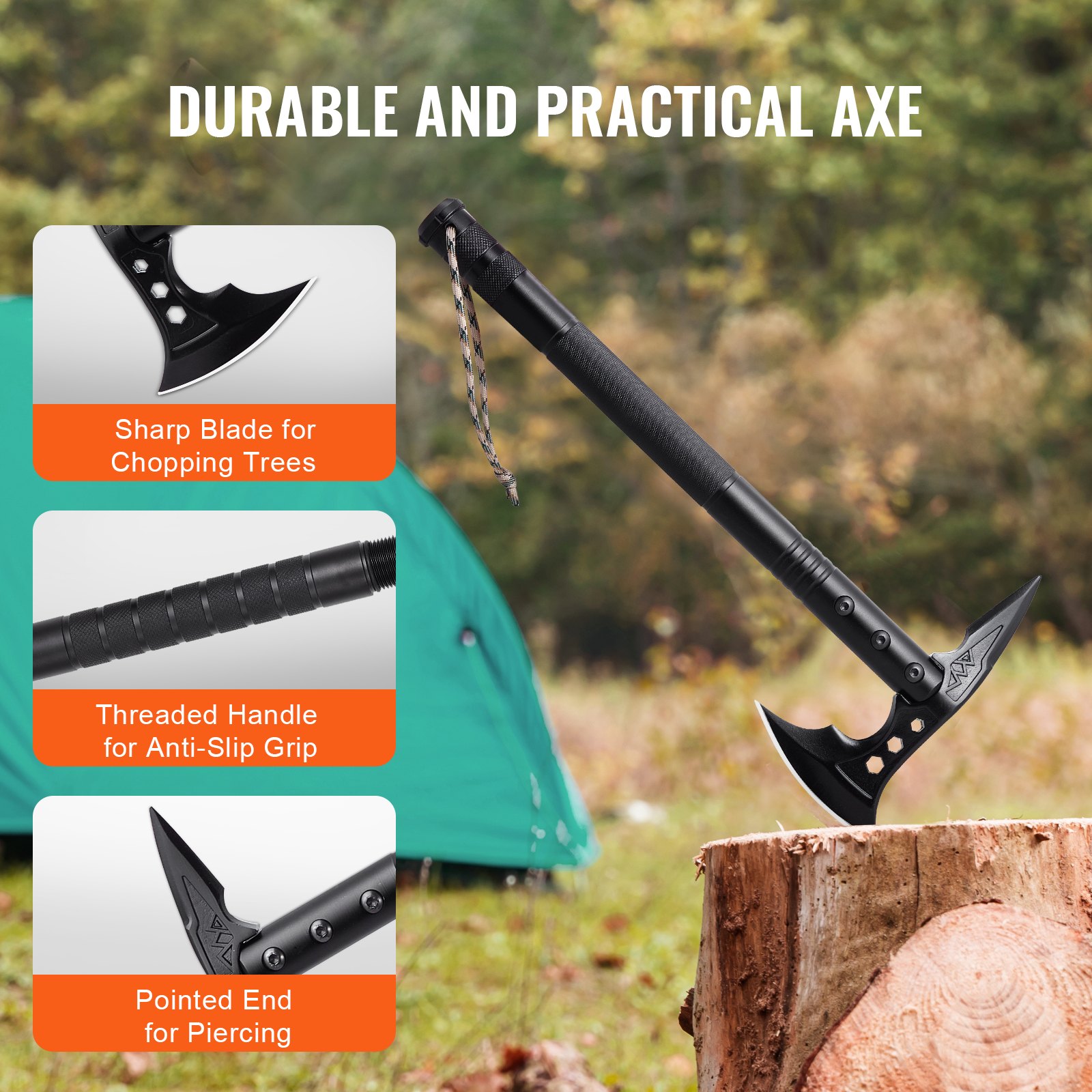 VEVOR Survival Shovel Survival Axe, 28-in-1 Camping Folding Shovels with Hatchet, Stainless Steel Tactical Shovel Hatchet Combo, Multifunctional Emergency Survival Gear Equipment for Camping Hiking