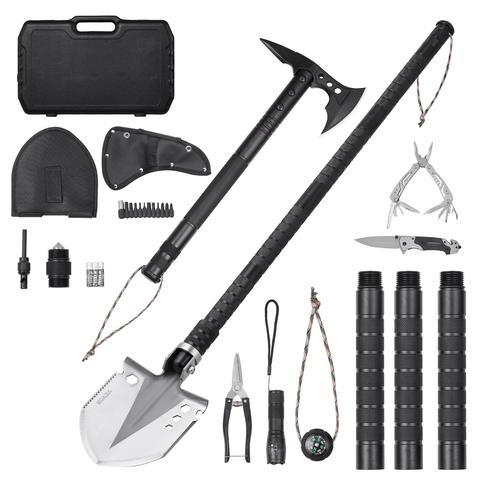 VEVOR Survival Shovel Survival Axe, 28-in-1 Camping Folding Shovels with Hatchet, Stainless Steel Tactical Shovel Hatchet Combo, Multifunctional Emergency Survival Gear Equipment for Camping Hiking