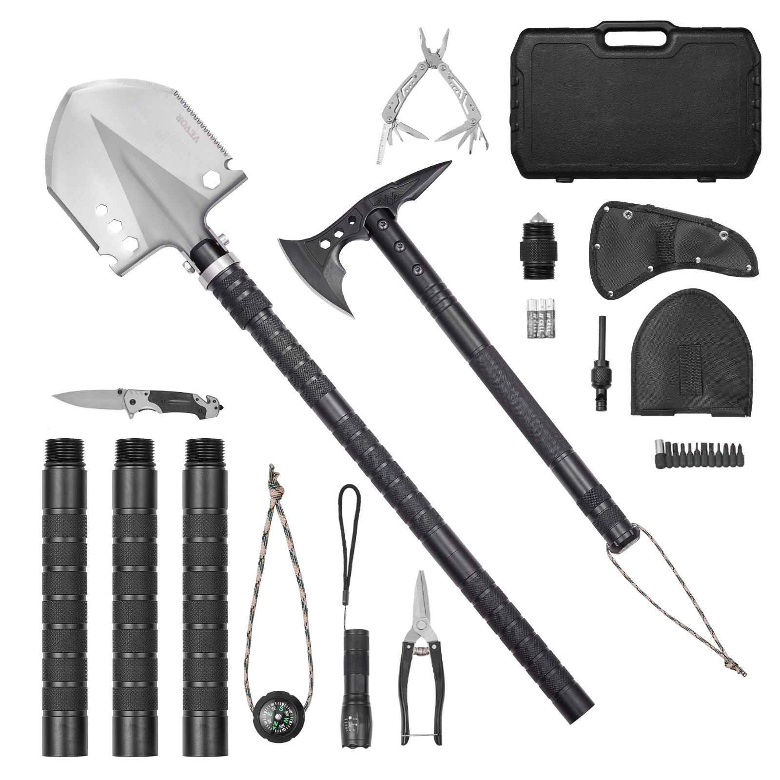 VEVOR Survival Shovel Survival Axe, 28-in-1 Camping Folding Shovels with Hatchet, Stainless Steel Tactical Shovel Hatchet Combo, Multifunctional Emergency Survival Gear Equipment for Camping Hiking