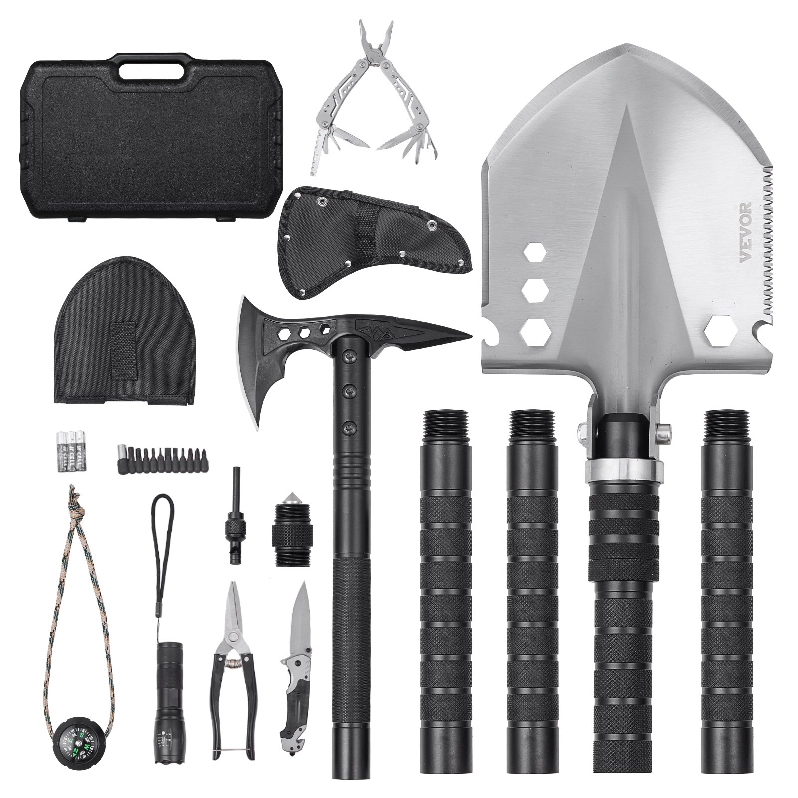 VEVOR Survival Shovel Survival Axe, 28-in-1 Camping Folding Shovels with Hatchet, Stainless Steel Tactical Shovel Hatchet Combo, Multifunctional Emergency Survival Gear Equipment for Camping Hiking