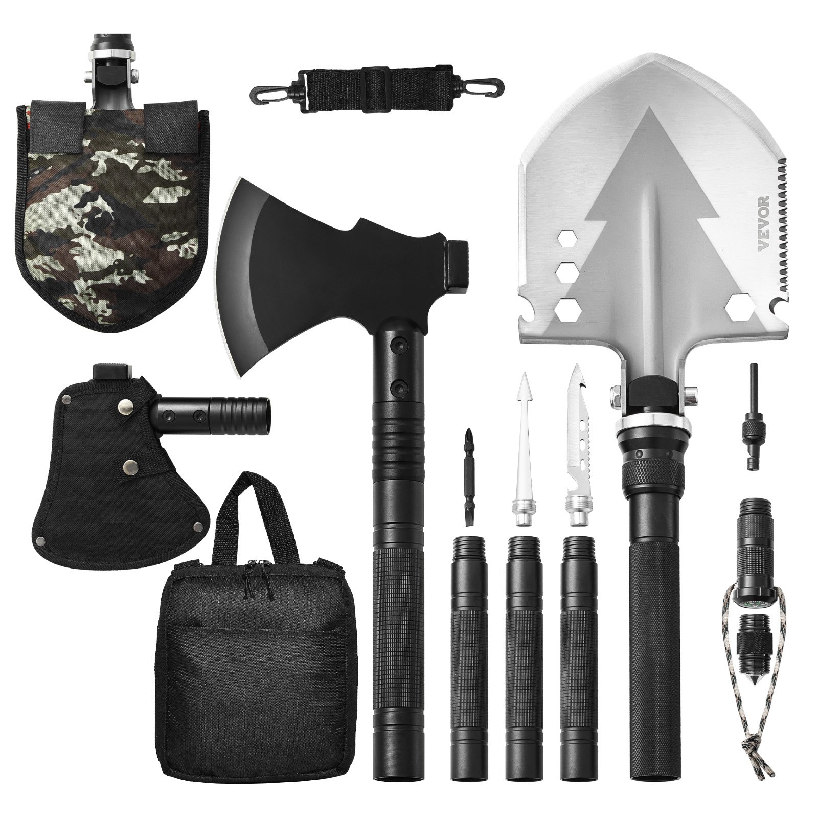 VEVOR Survival Shovel Survival Axe, 16-in-1 Camping Folding Shovels with Hatchet, Stainless Steel Tactical Shovel Hatchet Combo, Multifunctional Emergency Survival Gear Equipment for Camping Hiking