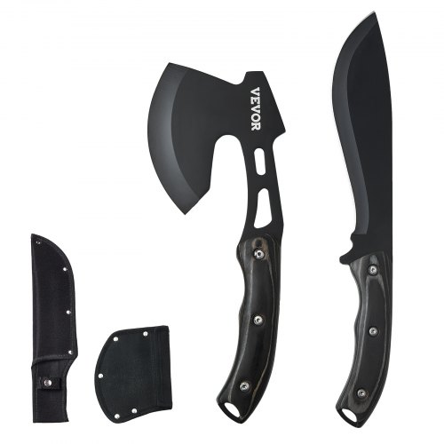 VEVOR Hunting Knife and Hatchet Axe Combo Set with Sheath, Fixed Blade Tactical Knife and Camping Axe, Stainless Steel Survival Knife and Camping Hatchet for Outdoor Survival Hunting Camping Adventure