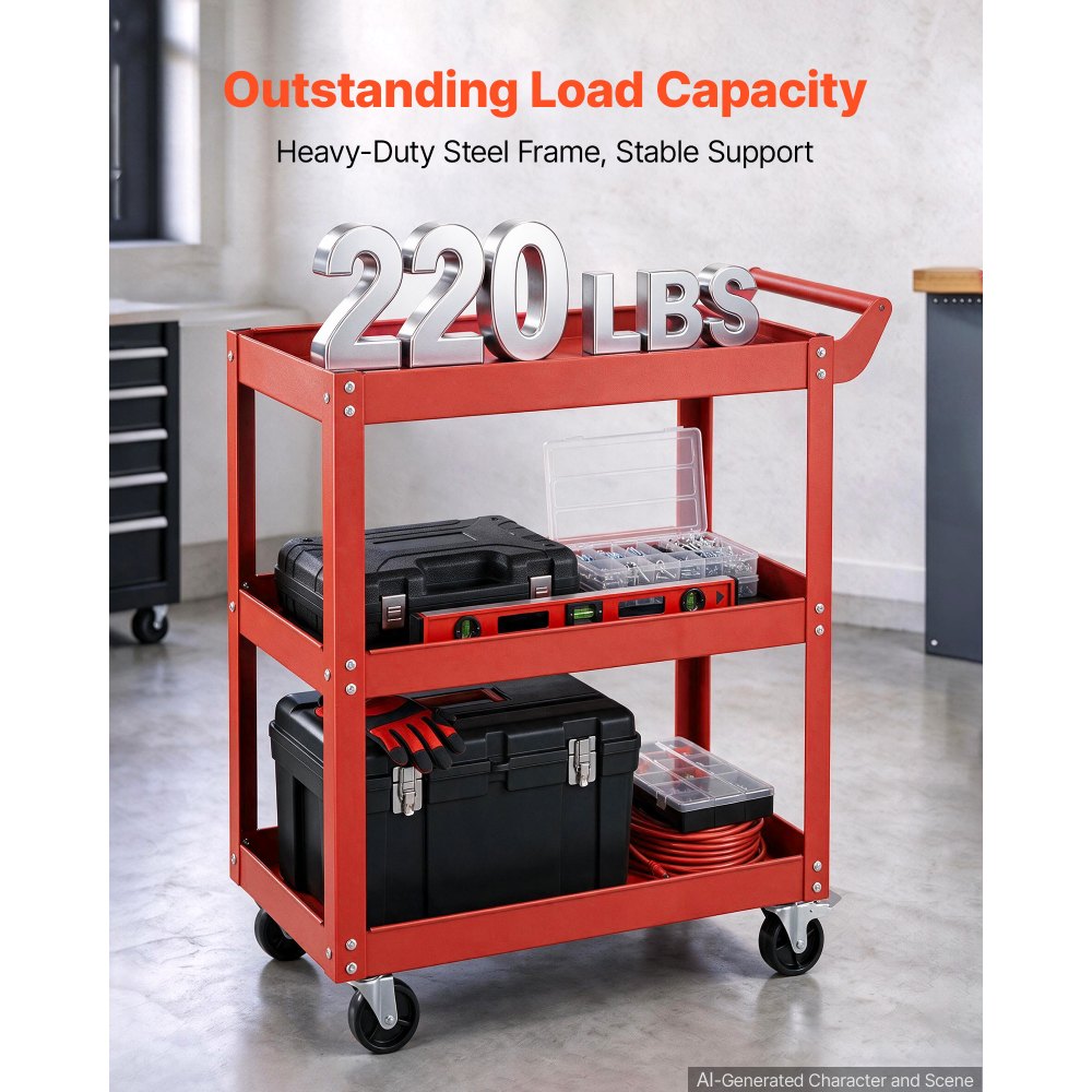 VEVOR 3-Tier Tool Cart with Wheels, 100 kg Capacity Rolling Work Cart, For Garage, Warehouse, Repair Shop, Workshop, Mechanic Tool Storage Organizer with Convenient Handle, Heavy-Duty Steel, Red