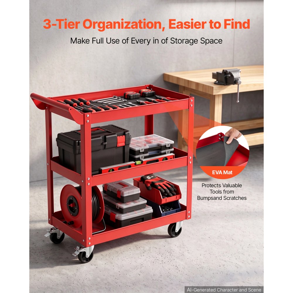 VEVOR 3-Tier Tool Cart with Wheels, 100 kg Capacity Rolling Work Cart, For Garage, Warehouse, Repair Shop, Workshop, Mechanic Tool Storage Organizer with Convenient Handle, Heavy-Duty Steel, Red