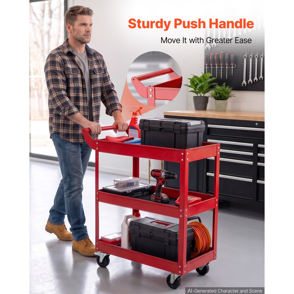 VEVOR 3-Tier Tool Cart with Wheels, 100 kg Capacity Rolling Work Cart, For Garage, Warehouse, Repair Shop, Workshop, Mechanic Tool Storage Organizer with Convenient Handle, Heavy-Duty Steel, Red