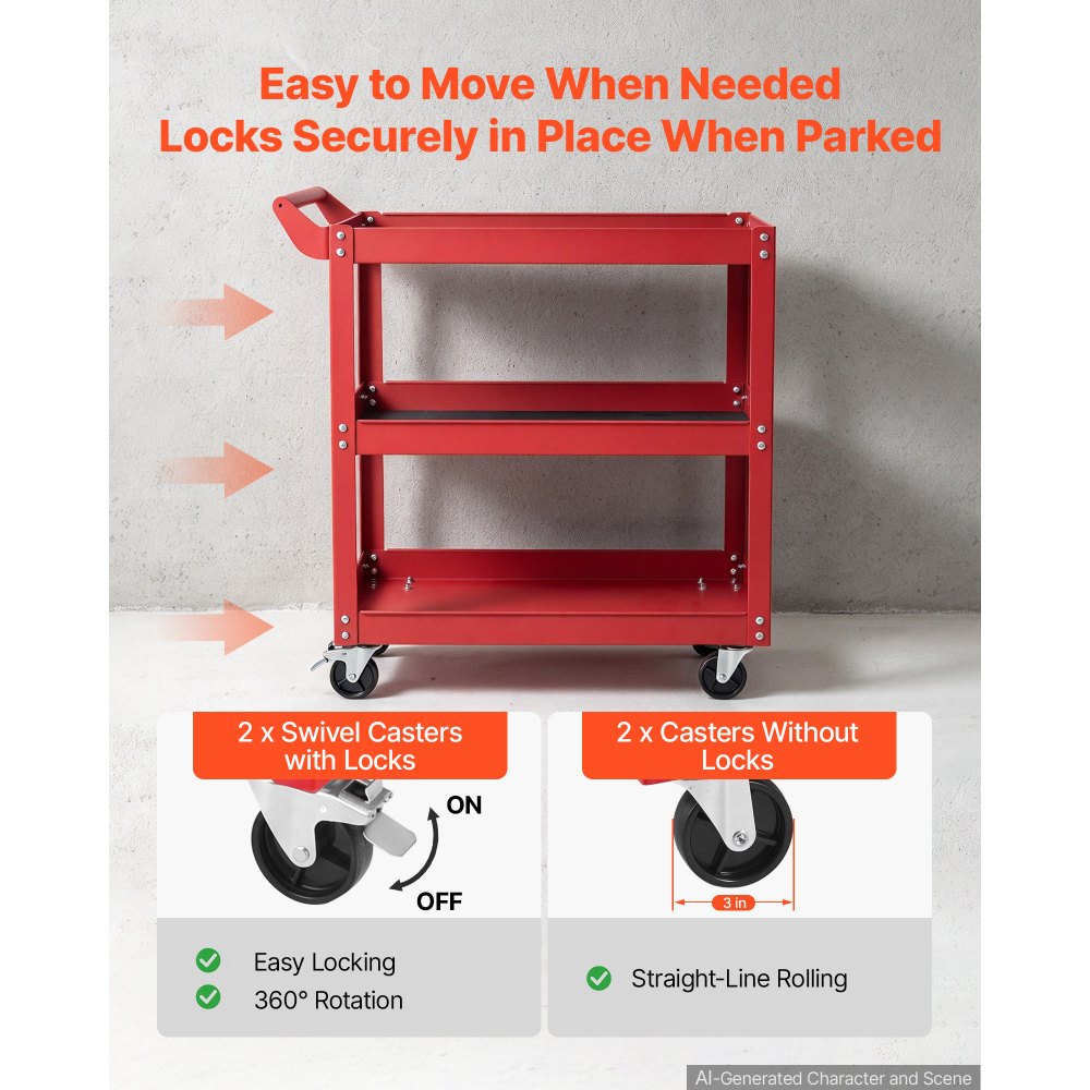 VEVOR 3-Tier Tool Cart with Wheels, 100 kg Capacity Rolling Work Cart, For Garage, Warehouse, Repair Shop, Workshop, Mechanic Tool Storage Organizer with Convenient Handle, Heavy-Duty Steel, Red