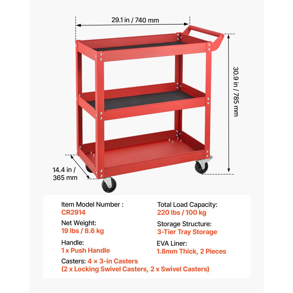 VEVOR 3-Tier Tool Cart with Wheels, 100 kg Capacity Rolling Work Cart, For Garage, Warehouse, Repair Shop, Workshop, Mechanic Tool Storage Organizer with Convenient Handle, Heavy-Duty Steel, Red