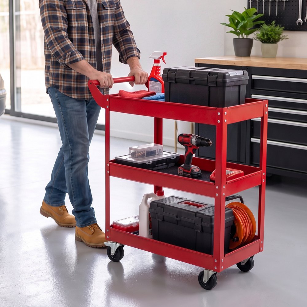 VEVOR 3-Tier Tool Cart with Wheels, 100 kg Capacity Rolling Work Cart, For Garage, Warehouse, Repair Shop, Workshop, Mechanic Tool Storage Organizer with Convenient Handle, Heavy-Duty Steel, Red