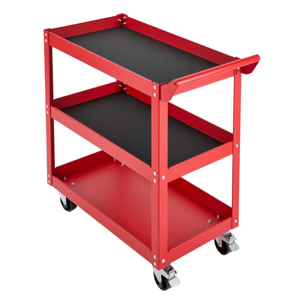 VEVOR 3-Tier Tool Cart with Wheels, 100 kg Capacity Rolling Work Cart, For Garage, Warehouse, Repair Shop, Workshop, Mechanic Tool Storage Organizer with Convenient Handle, Heavy-Duty Steel, Red