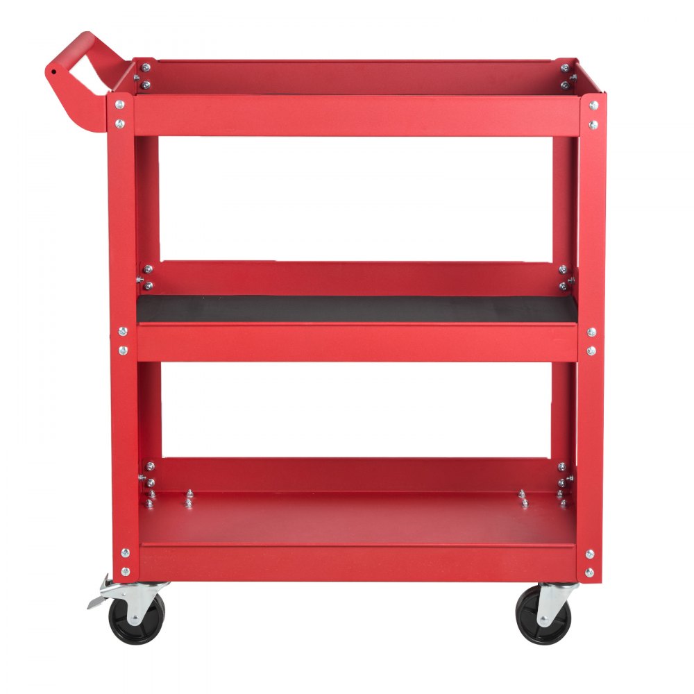 VEVOR 3-Tier Tool Cart with Wheels, 100 kg Capacity Rolling Work Cart, For Garage, Warehouse, Repair Shop, Workshop, Mechanic Tool Storage Organizer with Convenient Handle, Heavy-Duty Steel, Red