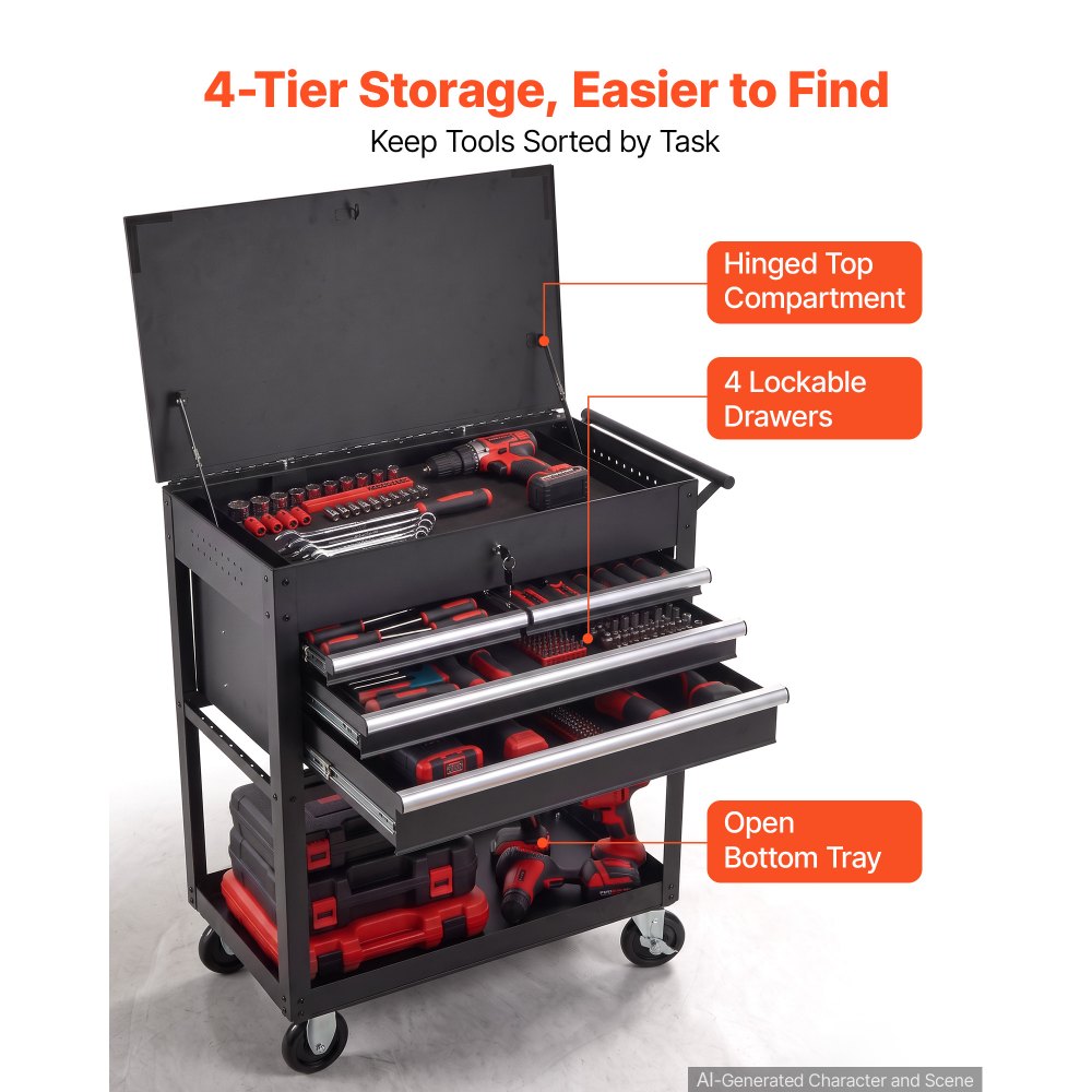 VEVOR 5-Tier Tool Cart with Drawers, 226.8 kg Capacity Rolling Work Cart, For Garage, Warehouse, Repair Shop, Mechanic Tool Storage Organizer Locking Drawers, Flexible Wheels, Heavy-Duty Steel, Black