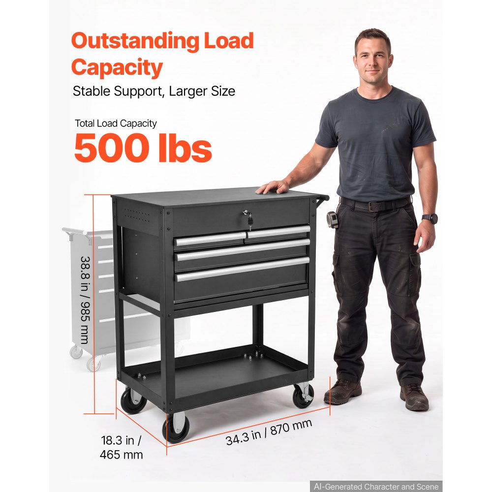 VEVOR 5-Tier Tool Cart with Drawers, 226.8 kg Capacity Rolling Work Cart, For Garage, Warehouse, Repair Shop, Mechanic Tool Storage Organizer Locking Drawers, Flexible Wheels, Heavy-Duty Steel, Black