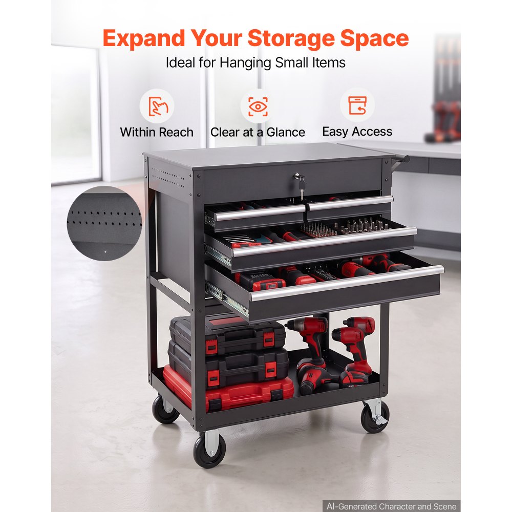 VEVOR 5-Tier Tool Cart with Drawers, 226.8 kg Capacity Rolling Work Cart, For Garage, Warehouse, Repair Shop, Mechanic Tool Storage Organizer Locking Drawers, Flexible Wheels, Heavy-Duty Steel, Black