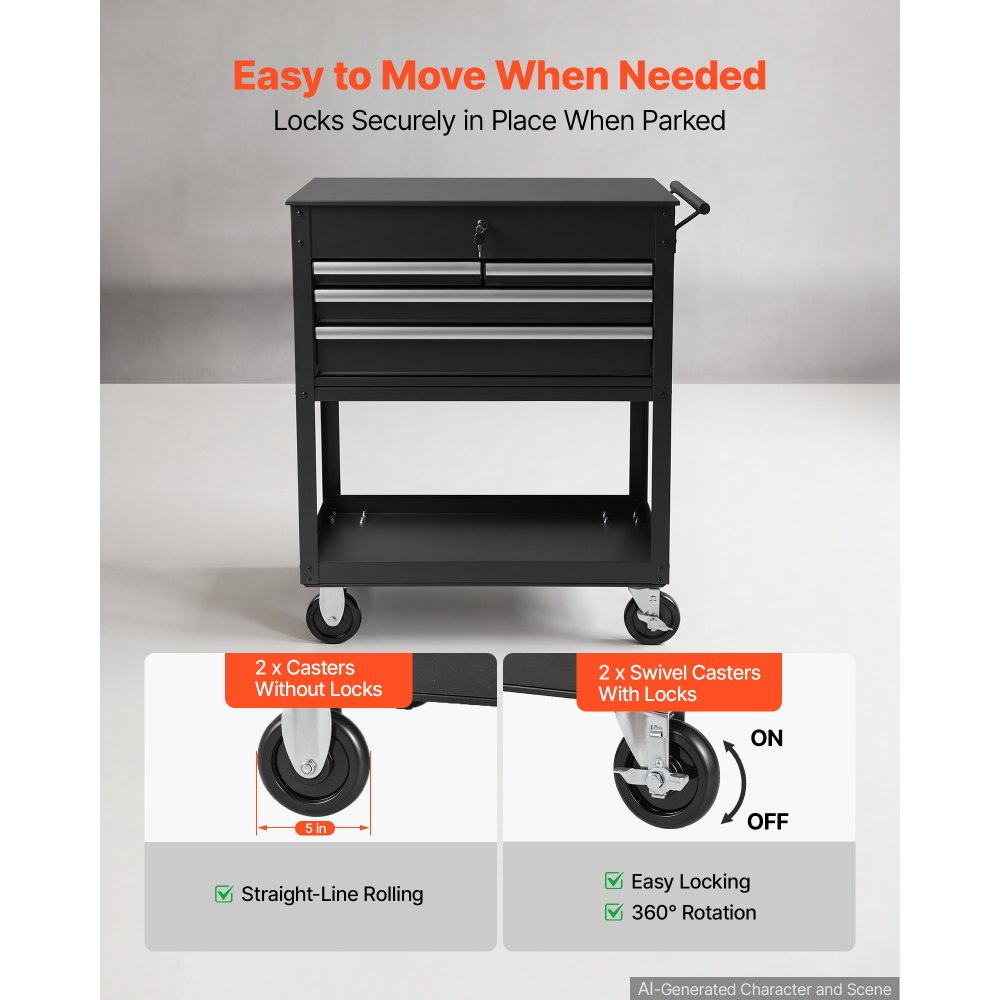 VEVOR 5-Tier Tool Cart with Drawers, 226.8 kg Capacity Rolling Work Cart, For Garage, Warehouse, Repair Shop, Mechanic Tool Storage Organizer Locking Drawers, Flexible Wheels, Heavy-Duty Steel, Black