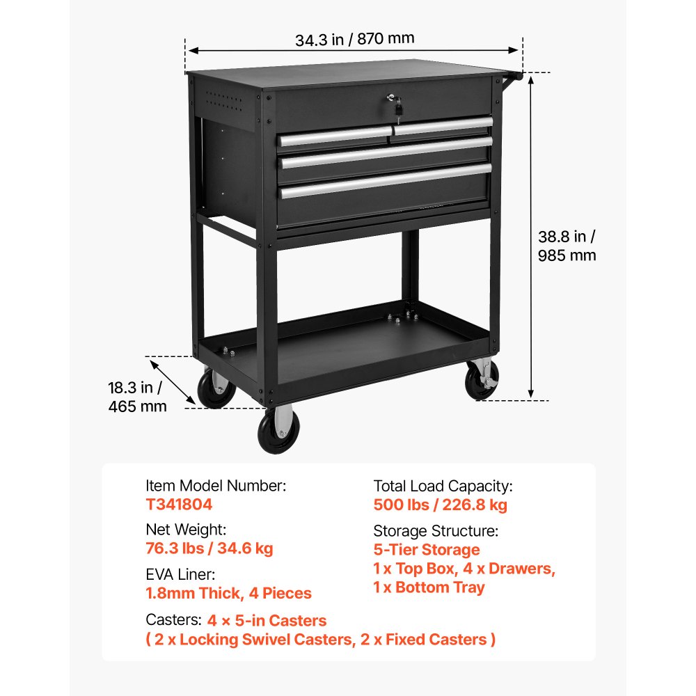 VEVOR 5-Tier Tool Cart with Drawers, 226.8 kg Capacity Rolling Work Cart, For Garage, Warehouse, Repair Shop, Mechanic Tool Storage Organizer Locking Drawers, Flexible Wheels, Heavy-Duty Steel, Black