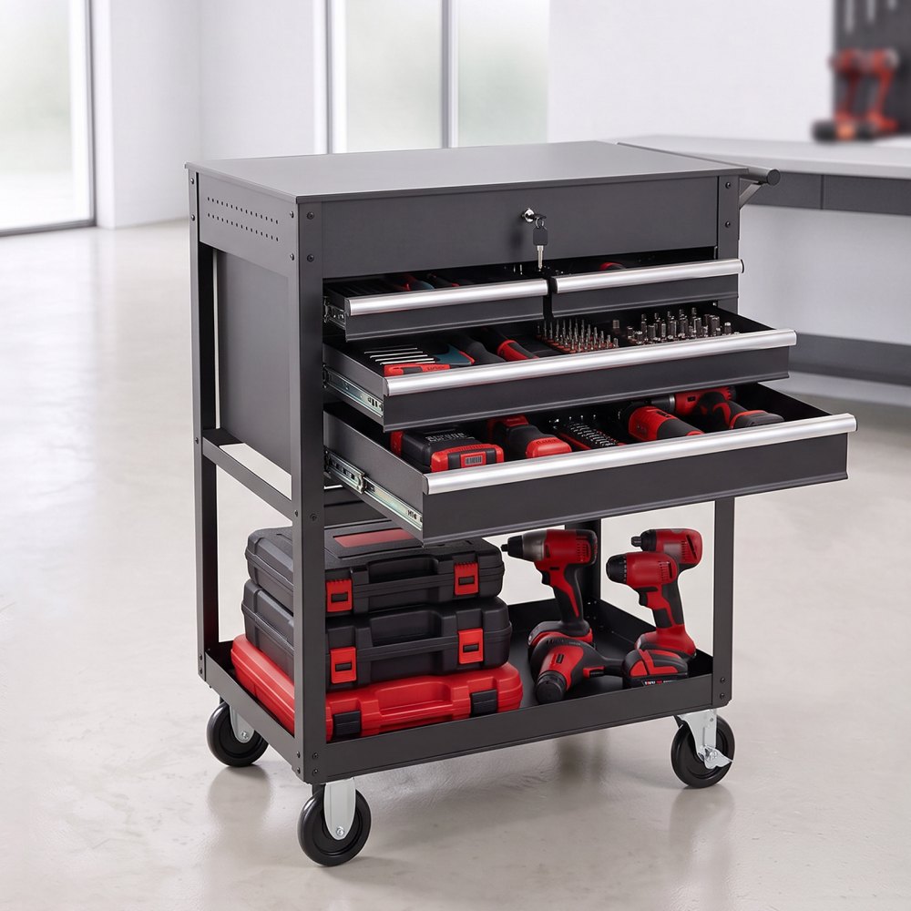 VEVOR 5-Tier Tool Cart with Drawers, 226.8 kg Capacity Rolling Work Cart, For Garage, Warehouse, Repair Shop, Mechanic Tool Storage Organizer Locking Drawers, Flexible Wheels, Heavy-Duty Steel, Black