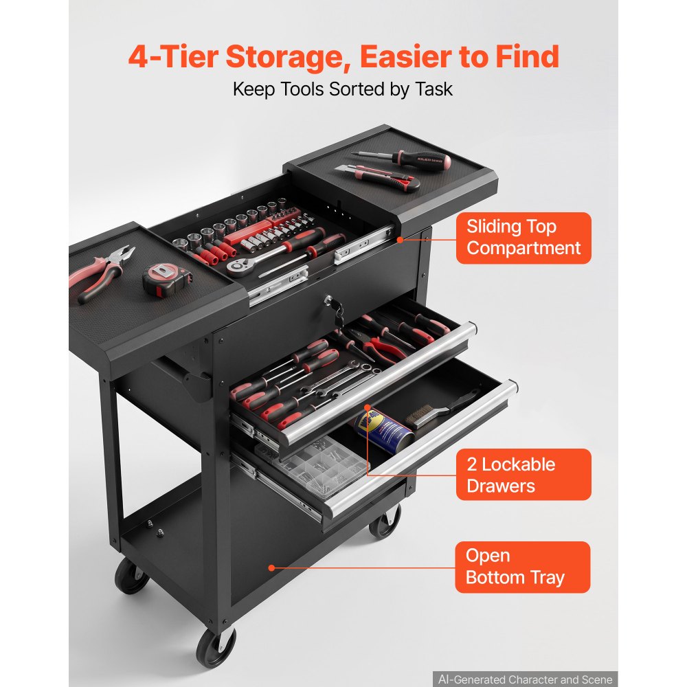VEVOR 4-Tier Tool Cart with Drawers, 158.76kg Capacity, Rolling Work Cart, For Garage, Warehouse, Repair Shop, Mechanic Tool Storage Organizer Locking Drawers, Flexible Wheels, Heavy-Duty Steel, Black