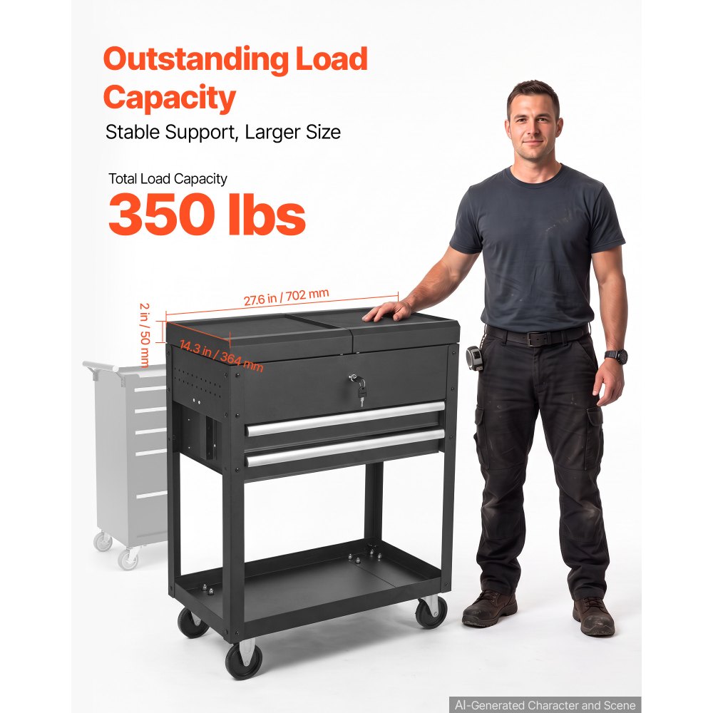 VEVOR 4-Tier Tool Cart with Drawers, 158.76kg Capacity, Rolling Work Cart, For Garage, Warehouse, Repair Shop, Mechanic Tool Storage Organizer Locking Drawers, Flexible Wheels, Heavy-Duty Steel, Black