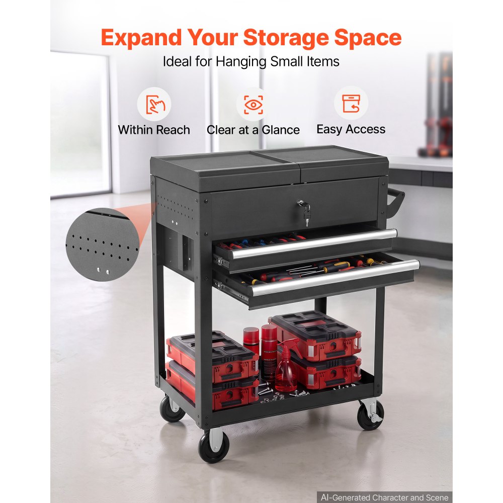 VEVOR 4-Tier Tool Cart with Drawers, 158.76kg Capacity, Rolling Work Cart, For Garage, Warehouse, Repair Shop, Mechanic Tool Storage Organizer Locking Drawers, Flexible Wheels, Heavy-Duty Steel, Black